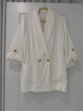 Veronica Beard White Terry Blazer Double-Breasted Swim Coverup with Gold Buttons